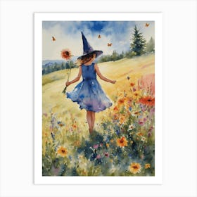 Little Summer Witch Girl Running Through the Summer Meadow - Colorful Witchy Watercolor Art by Lyra the Lavender Witch - Rainbow Flowers Girl Witches In Midsummer Litha Summer Solstice Pagan Wiccan Wheel of the Year - Botanical Gallery Wall Art Full of Color and Joy HD Art Print