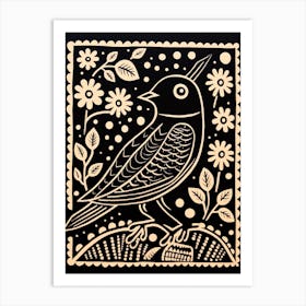 B&W Bird Linocut Bluebird 4 Art Print