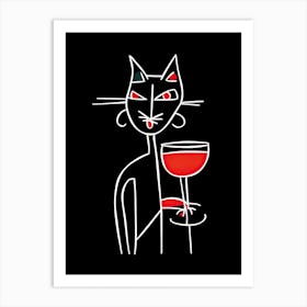 Cat And Cocktail Line Art Black And Red Art Print
