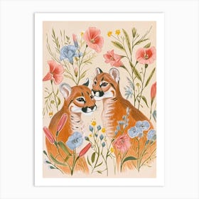 Folksy Floral Animal Drawing Puma Art Print