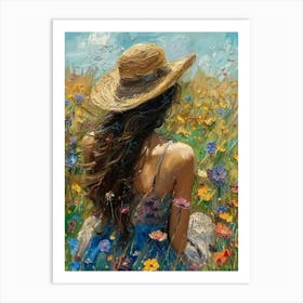 PERFECT - Woman on a Summer's Day - Abstract Impressionism Acrylic and Oil on Canvas by British Artist John Arwen Beautiful Colorful Floral Botanic Gallery Feature Wall Art - Blue Straw Hat Meadow HD Art Print