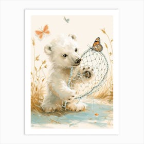 Polar Bear Cub Playing With A Butterfly Net Storybook Illustration 4 Art Print