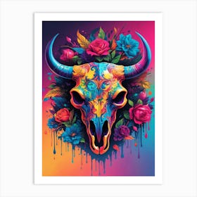 Floral Bull Skull Neon Iridescent Painting (16) Art Print