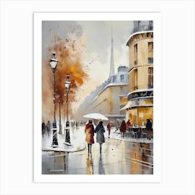 Paris cafes, winter season, Christmas, autumn oil colors, pale colors, pedestrians in the street, winter clothes, falling snow.Christmas decorations.15 1 Art Print