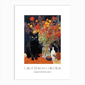 Cats & Flowers Collection Queen Annes Lace Flower Vase And A Cat, A Painting In The Style Of Matisse 1 Art Print