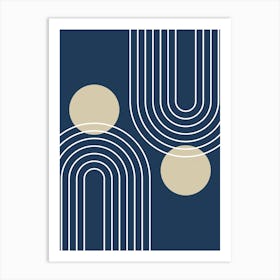 Mid Century Modern Geometric In Navy Blue And Beige (Rainbow And Sun Abstract) 01 Art Print