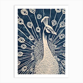 Navy Blue Linocut Inspired Peacock With Feathers Out 1 Art Print