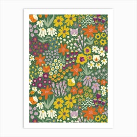 Happy Cats Hiding in the Flower Field - Orange, Yellow, Purple, on Green Kids Art Print