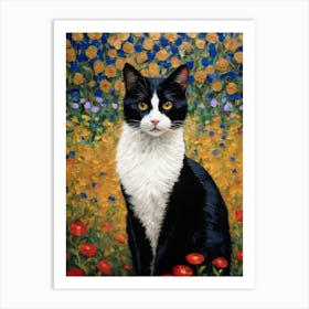 Klimt Style Tuxedo Black and White Cat in Garden Flowers With Gold Leaf Painting - Poppies, Royal Blue Funny Monet Waterlillies For Gallery Feature Wall HD High Resolution Art Print