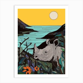 Simple Rhino Illustration By The River 1 Art Print