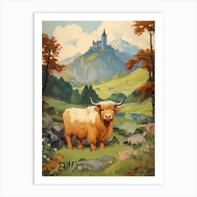 Blonde Highland Cow With Castle In The Background Art Print