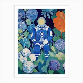 Astronaut Surrounded By Royal Blue Hydrangea Flower 4 Art Print