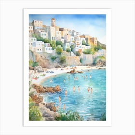 Swimming In Naxos Greece Watercolour Art Print