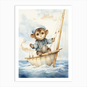 Monkey Painting Sailing Watercolour 1 Art Print