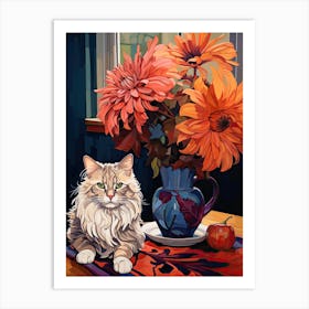 Chrysanthemum Flower Vase And A Cat, A Painting In The Style Of Matisse 1 Art Print