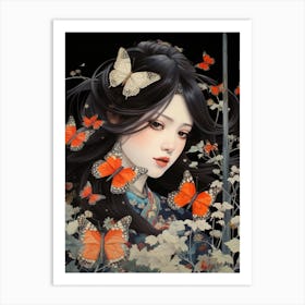 Girl With Orange Butterflies Art Print