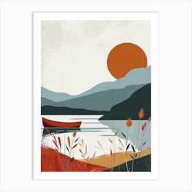 Red Boat On The Lake, Scandinavian Simplicity Art Print