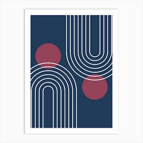 Mid Century Modern Geometric In Navy Blue And Burgundy (Rainbow And Sun Abstract) 01 Art Print