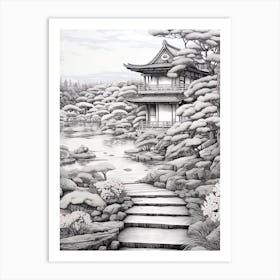 Ritsurin Garden In Kagawa, Ukiyo E Black And White Line Art Drawing 3 Art Print