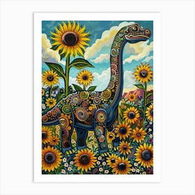 Dinosaur In A Sunflower Field Landscape Painting 2 Art Print