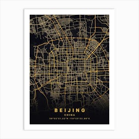 Beijing China Black And Gold Map - Zoomed Art Print