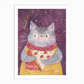 Grey Cat Eating A Pizza Slice Folk Illustration 3 Art Print