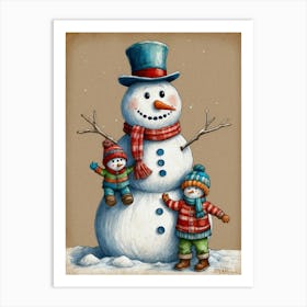 Snowman With Children Art Print