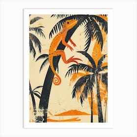 Orange Lizard On The Palm Trees Block Print Art Print