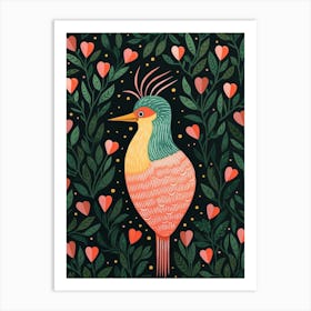 Linocut Style Bird With Hearts & Lines Art Print