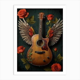 Guitar With Wings And Roses Art Print