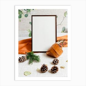 Autumnal Still Life Featuring A Cone A Framed Cotton Acorn And Pine Leaves On A Minimalistic Table (1) Art Print