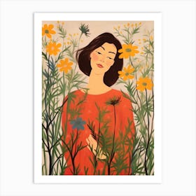 Woman With Autumnal Flowers Love In A Mist Nigella 1 Art Print