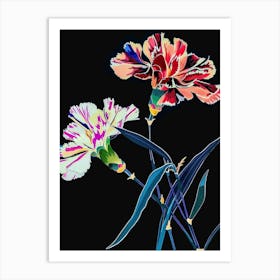 Neon Flowers On Black Carnation Dianthus 1 Art Print
