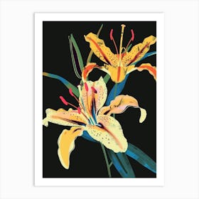 Neon Flowers On Black Lily 3 Art Print