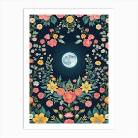 Painted Summer Flowers and Full Moon Boho Pattern on a Full Moon - Navy Background, Stars, Moon Art Like Amy Butler and William Morris Fabric Print For Lunar Pagan Gallery Feature Wall Floral Botanical Luna Lover HD Art Print