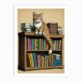 Cat On Bookshelf Art Print