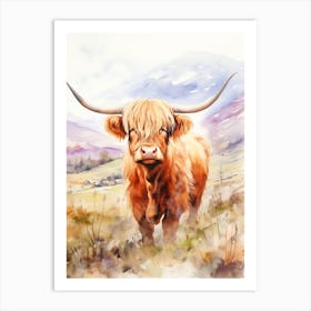 Curious Highland Cow In Field With Rolling Hills Watercolour 7 Art Print