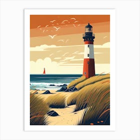 North Germany, Sunset And Lighthouse #2 - Retro Landscape Beach and Coastal Theme Travel Poster Art Print