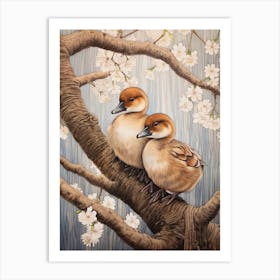 Ducklings Resting On A Tree Branch Japanese Woodblock Style 4 Art Print