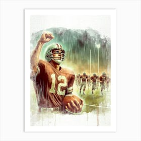 Football Player In The Rain Watercolor retro Art Print