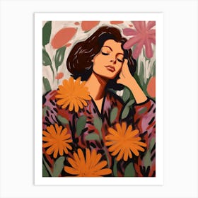 Woman With Autumnal Flowers Cineraria 2 Art Print
