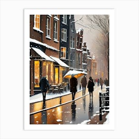 Amsterdam cafes, winter season, Christmas, autumn oil colors, pale colors, pedestrians in the street, winter clothes, falling snow.7 Art Print