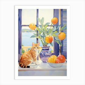 Cat With Birth Of Paradise Flowers Watercolor Mothers Day Valentines 2 Art Print
