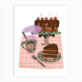 Afternoon tea time with chocolate cake Art Print