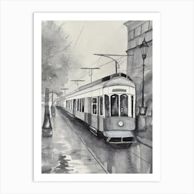 Tram On The Tracks By Person Art Print