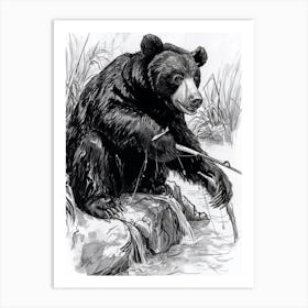 Malayan Sun Bear Fishing A Stream Ink Illustration 2 Art Print