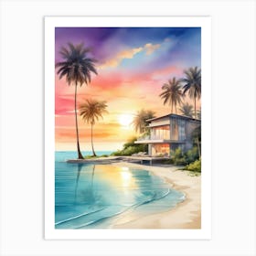 Beach House At Sunset Art Print