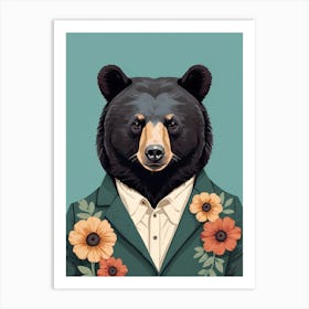 Floral Black Bear Portrait In A Suit (1) Art Print