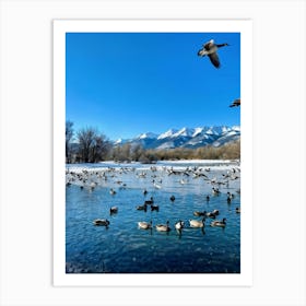 A Detailed Wildlife Scene Featuring A Flock Of Wild Geese Interspersed With Ducks In A Chilly Winter 2 Art Print