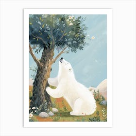 Polar Bear Scratching Its Back Against A Tree Storybook Illustration 4 Art Print
